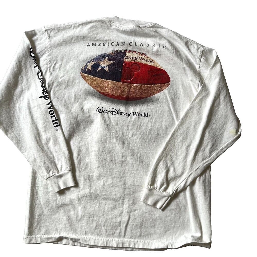 Walt Disney World WDW Crewneck L/S American Classic Football T-Shirt White SZ L